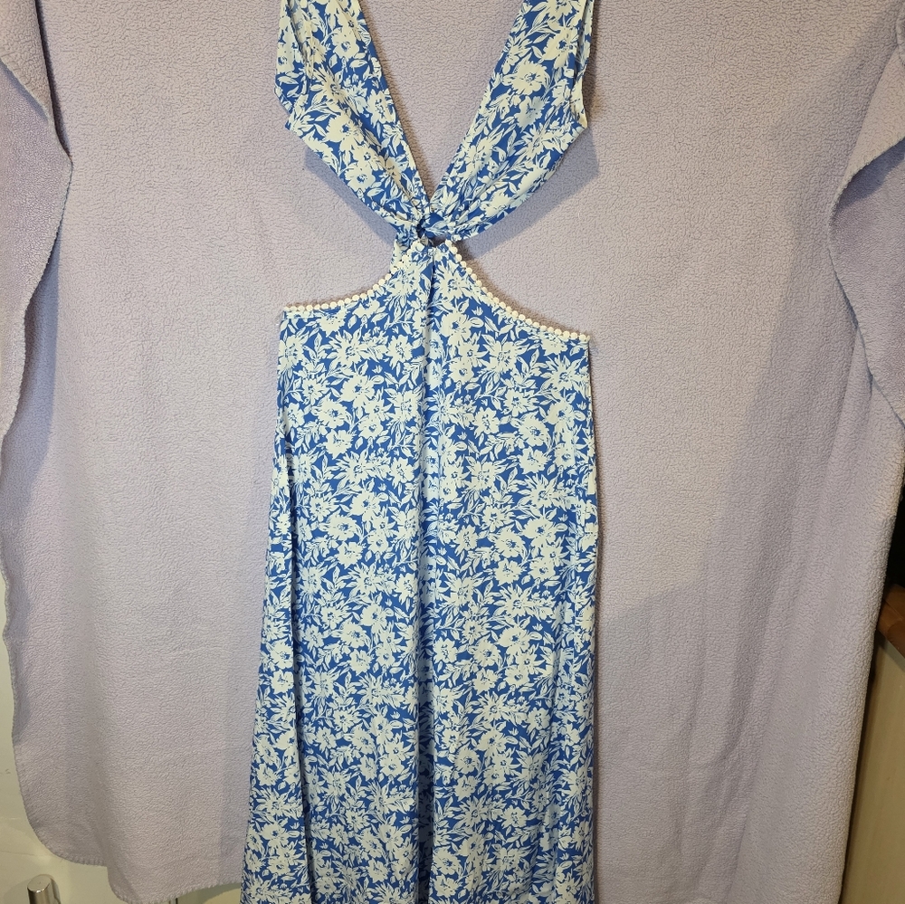 Blue and White Backless Halter Sundress with Dolman Sleeves